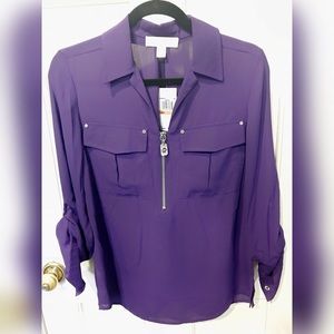 Micheal Kors NWT Roll Sleeve Collar Blouse 1/4 ZIP